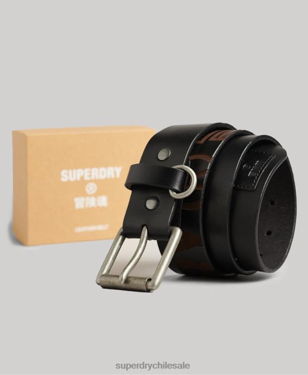 hombres Superdry negro caja de regalo con cinturón de cuero repujado 2R68Z6453