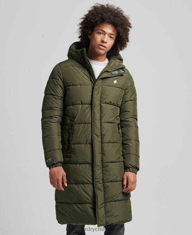 hombres Superdry caqui abrigo largo con capucha y logo 2R68Z4526