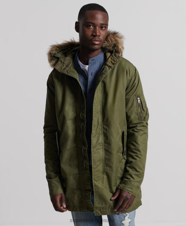 hombres Superdry caqui parka service con ribete de piel sintética 2R68Z4493