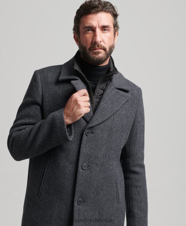 hombres Superdry gris oscuro abrigo corto de lana con forro removible 2R68Z1136