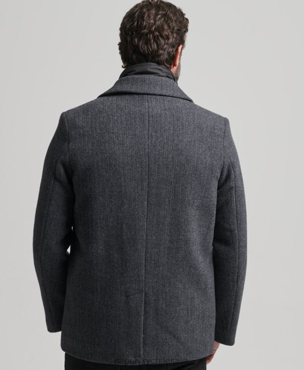 hombres Superdry gris oscuro abrigo corto de lana con forro removible 2R68Z1136