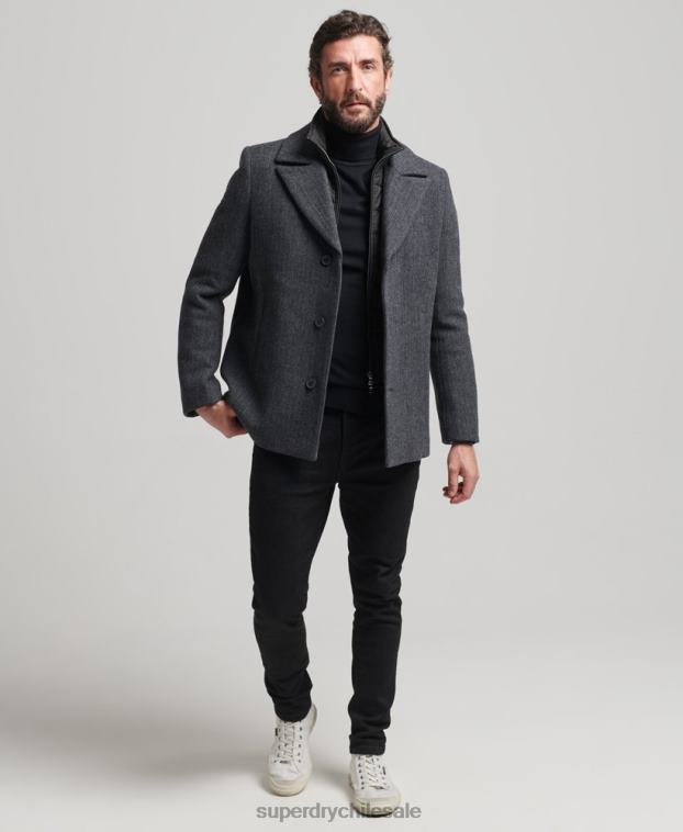 hombres Superdry gris oscuro abrigo corto de lana con forro removible 2R68Z1136