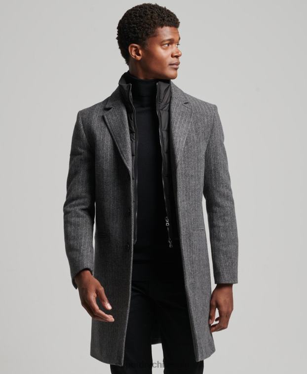 hombres Superdry gris oscuro abrigo de lana con forro removible 2R68Z1072