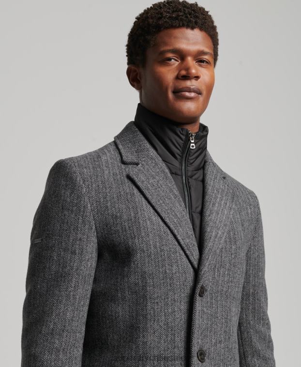 hombres Superdry gris oscuro abrigo de lana con forro removible 2R68Z1072