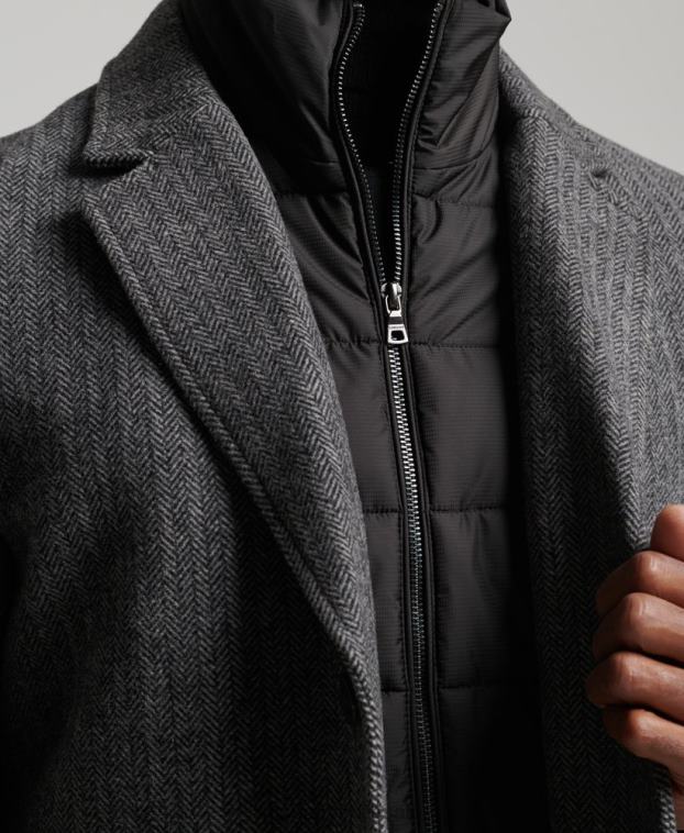hombres Superdry gris oscuro abrigo de lana con forro removible 2R68Z1072