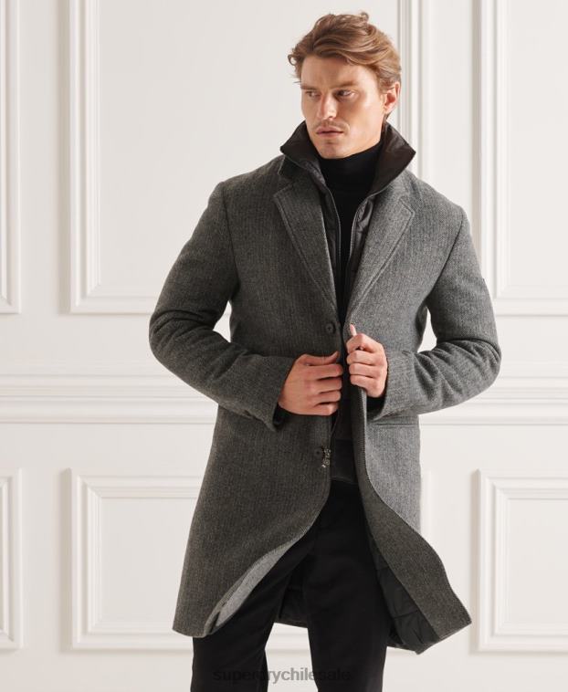 hombres Superdry gris oscuro abrigo studios acolchado de lana 2R68Z1167