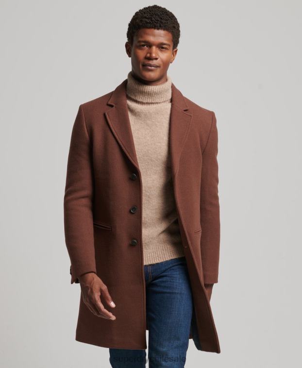 hombres Superdry marrón abrigo de lana con forro removible 2R68Z972