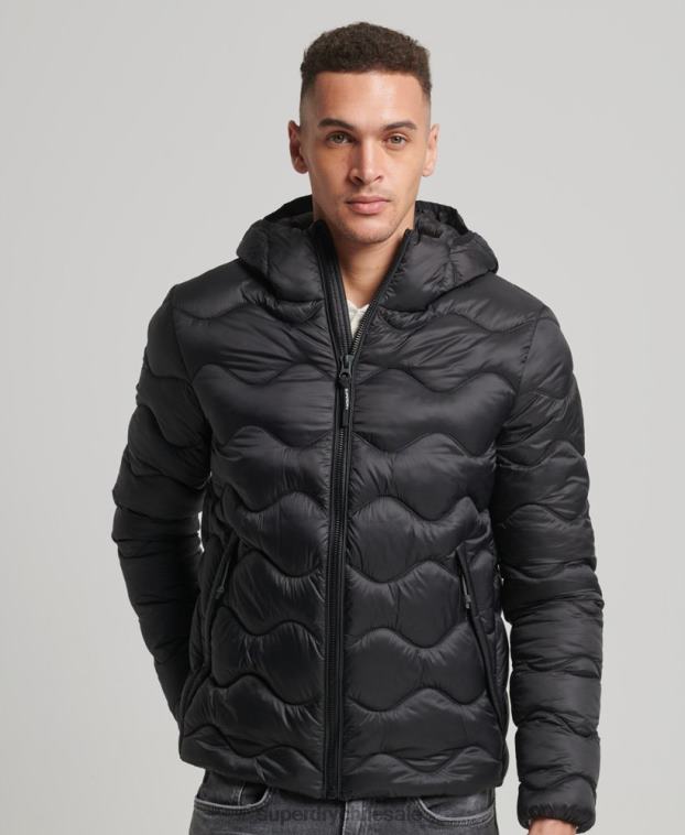 hombres Superdry negro abrigo acolchado ligero con capucha 2R68Z1001