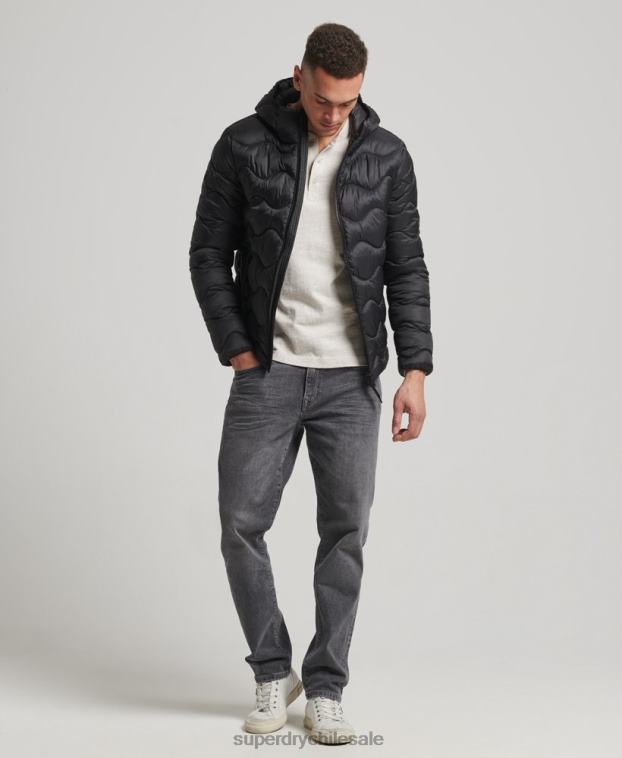 hombres Superdry negro abrigo acolchado ligero con capucha 2R68Z1001