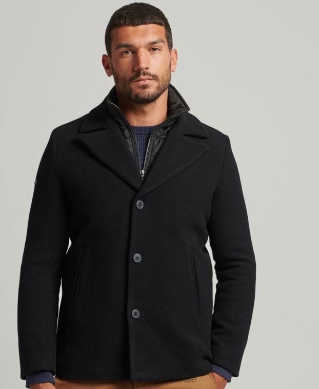 hombres Superdry negro abrigo corto de lana con forro removible 2R68Z1131