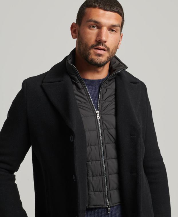 hombres Superdry negro abrigo corto de lana con forro removible 2R68Z1131