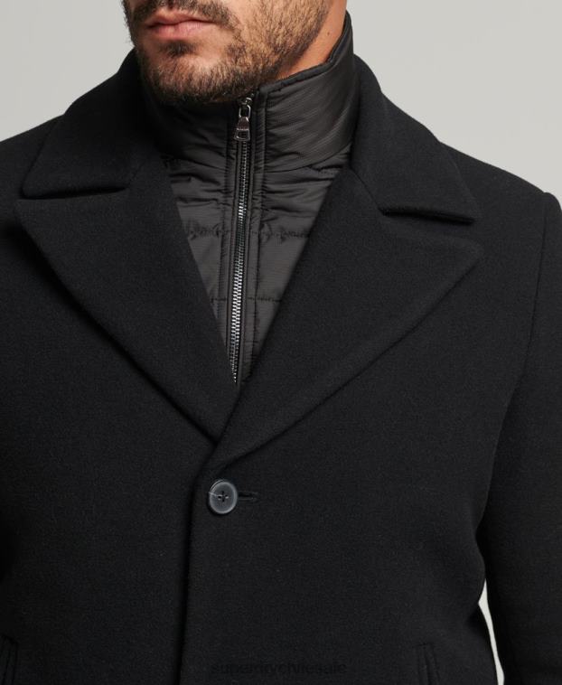 hombres Superdry negro abrigo corto de lana con forro removible 2R68Z1131