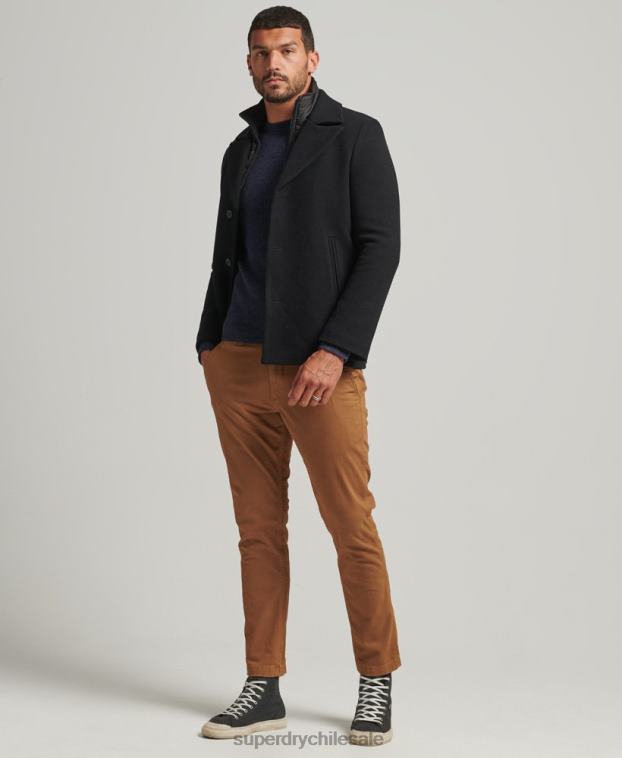 hombres Superdry negro abrigo corto de lana con forro removible 2R68Z1131