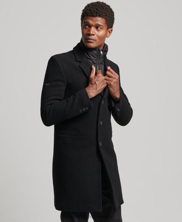 hombres Superdry negro abrigo de lana con forro removible 2R68Z1117