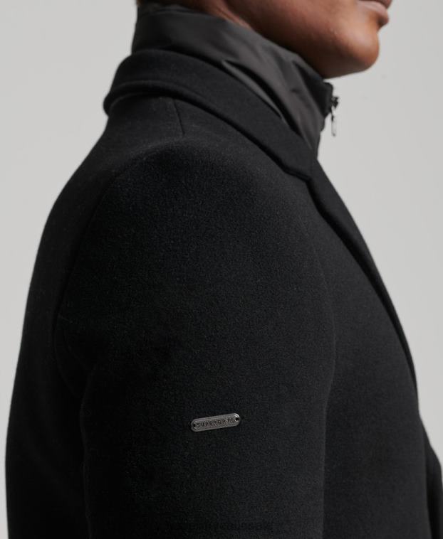 hombres Superdry negro abrigo de lana con forro removible 2R68Z1117
