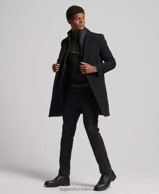 hombres Superdry negro abrigo de lana con forro removible 2R68Z1117
