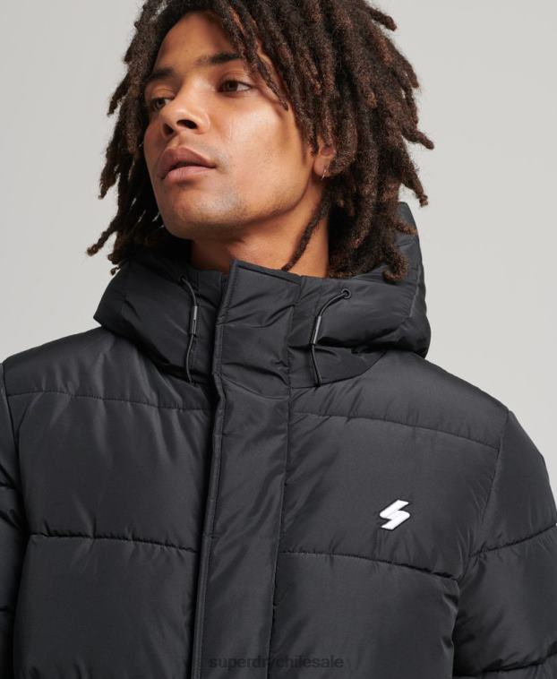 hombres Superdry negro abrigo largo con capucha y logo 2R68Z4481
