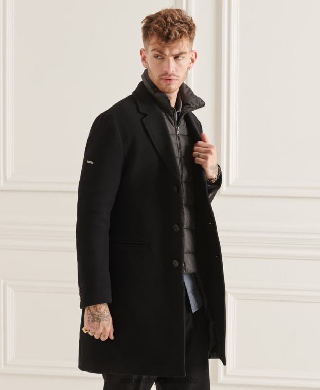 hombres Superdry negro abrigo studios acolchado de lana 2R68Z1165