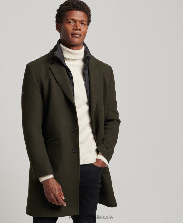 hombres Superdry verde abrigo de lana con forro removible 2R68Z1043