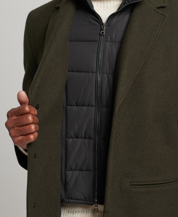 hombres Superdry verde abrigo de lana con forro removible 2R68Z1043