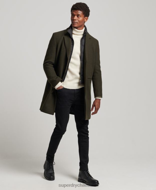 hombres Superdry verde abrigo de lana con forro removible 2R68Z1043