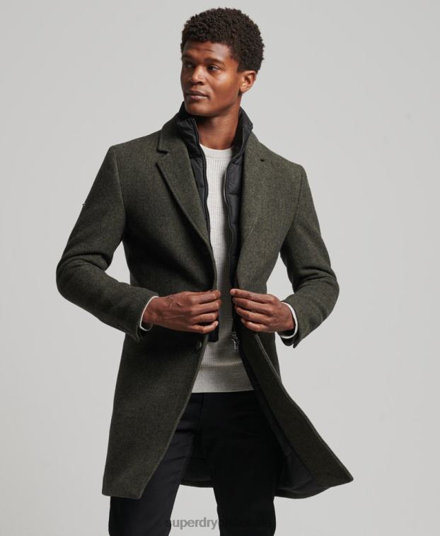 hombres Superdry verde abrigo de lana con forro removible 2R68Z1113
