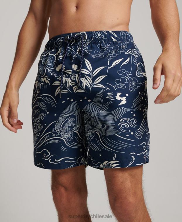 hombres Superdry azul oscuro shorts de baño hawaianos reciclados 2R68Z400