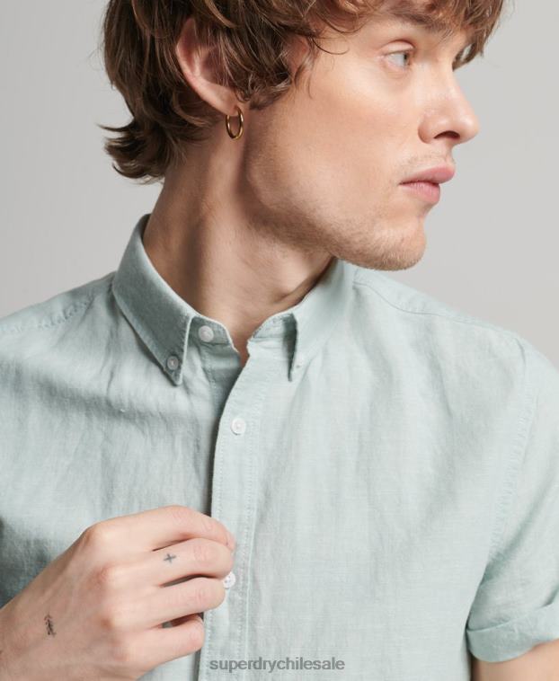 hombres Superdry azul camisa de manga corta de lino y algodón orgánico 2R68Z202