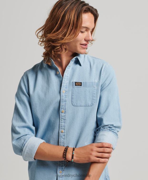 hombres Superdry azul claro camisa de manga larga de ropa de trabajo de algodón 2R68Z188
