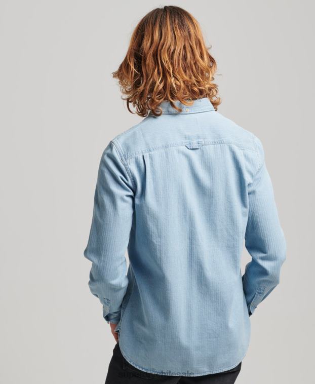 hombres Superdry azul claro camisa de manga larga de ropa de trabajo de algodón 2R68Z188