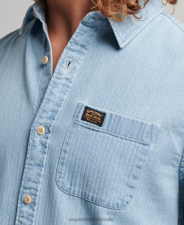 hombres Superdry azul claro camisa de manga larga de ropa de trabajo de algodón 2R68Z188