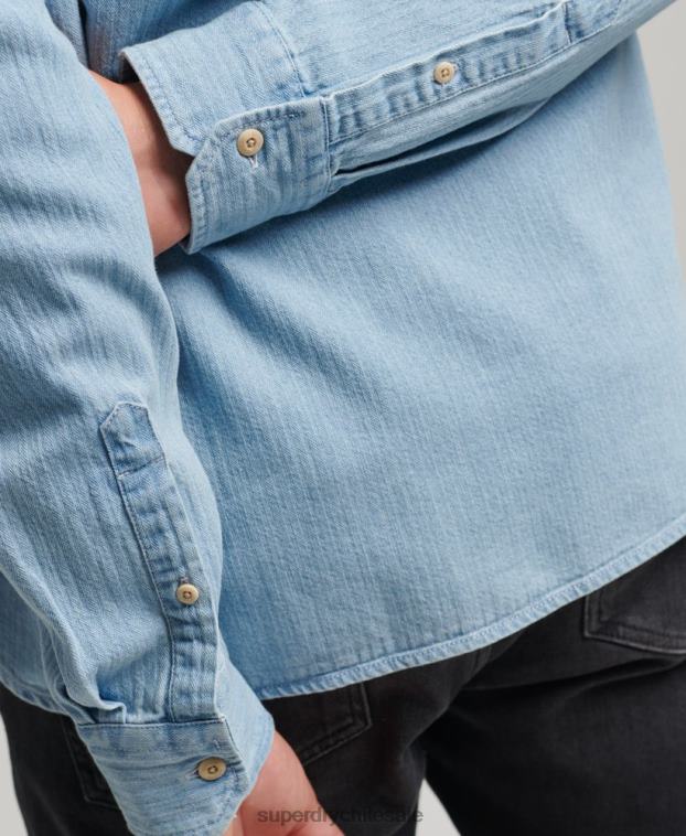 hombres Superdry azul claro camisa de manga larga de ropa de trabajo de algodón 2R68Z188