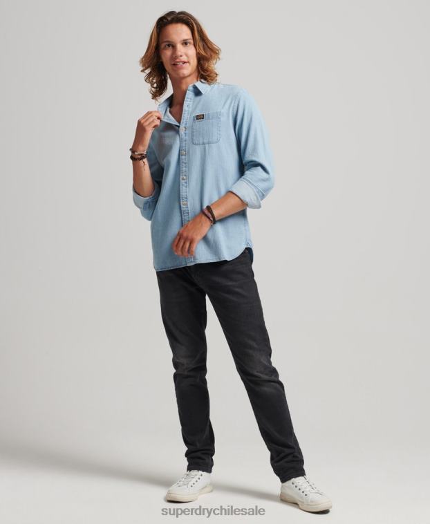 hombres Superdry azul claro camisa de manga larga de ropa de trabajo de algodón 2R68Z188