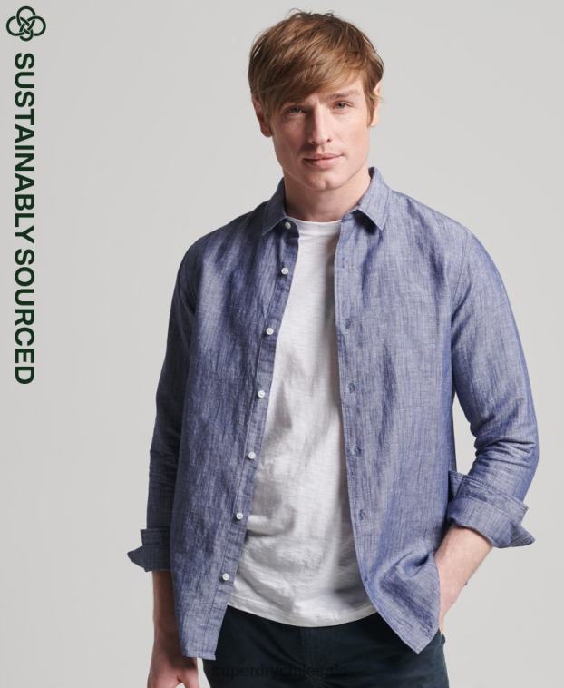 hombres Superdry azul oscuro camisa de manga larga de algodón orgánico y lino 2R68Z6398