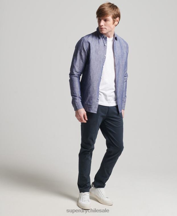 hombres Superdry azul oscuro camisa de manga larga de algodón orgánico y lino 2R68Z6398