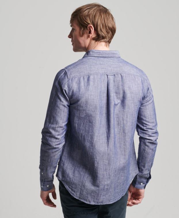 hombres Superdry azul oscuro camisa de manga larga de algodón orgánico y lino 2R68Z6398