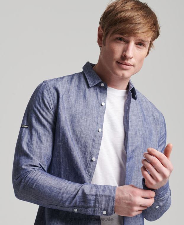 hombres Superdry azul oscuro camisa de manga larga de algodón orgánico y lino 2R68Z6398