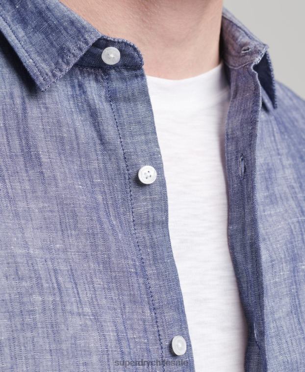 hombres Superdry azul oscuro camisa de manga larga de algodón orgánico y lino 2R68Z6398