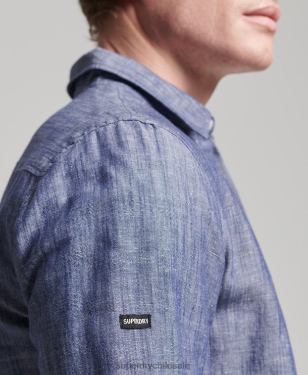 hombres Superdry azul oscuro camisa de manga larga de algodón orgánico y lino 2R68Z6398