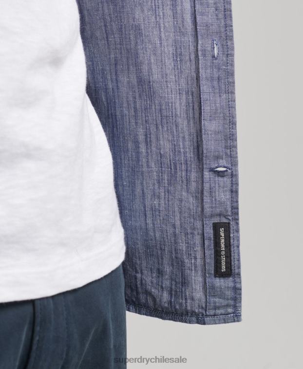 hombres Superdry azul oscuro camisa de manga larga de algodón orgánico y lino 2R68Z6398