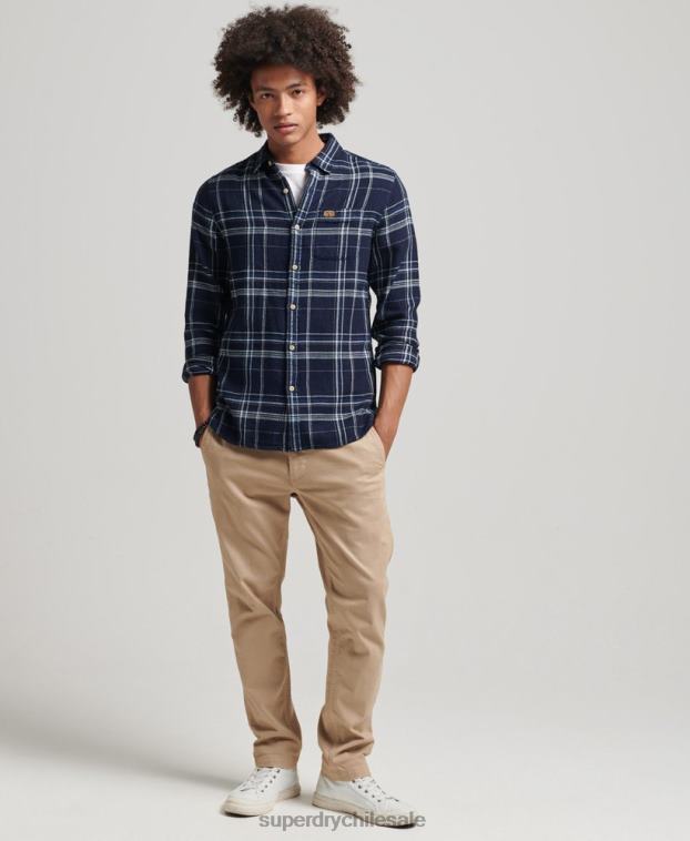 hombres Superdry azul oscuro camisa de manga larga de ropa de trabajo de algodón 2R68Z137
