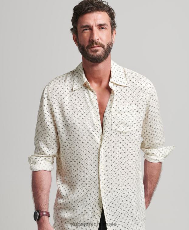 hombres Superdry blanco camisa de manga larga con estampado de los años 70 2R68Z145