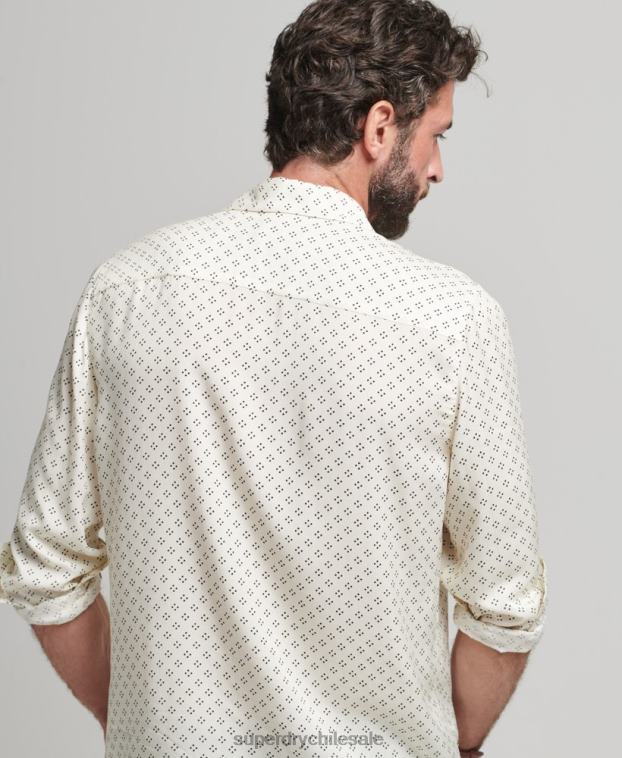 hombres Superdry blanco camisa de manga larga con estampado de los años 70 2R68Z145