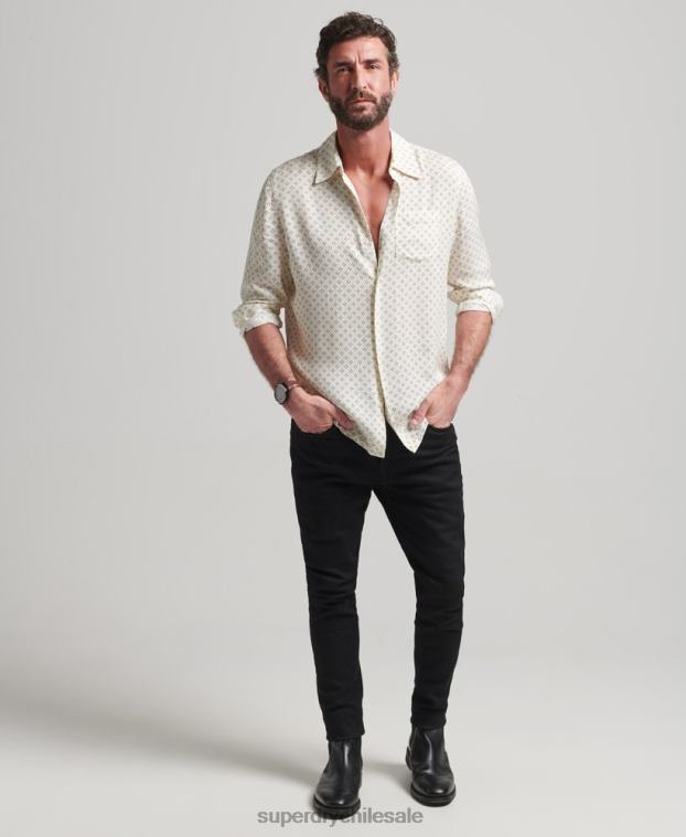 hombres Superdry blanco camisa de manga larga con estampado de los años 70 2R68Z145