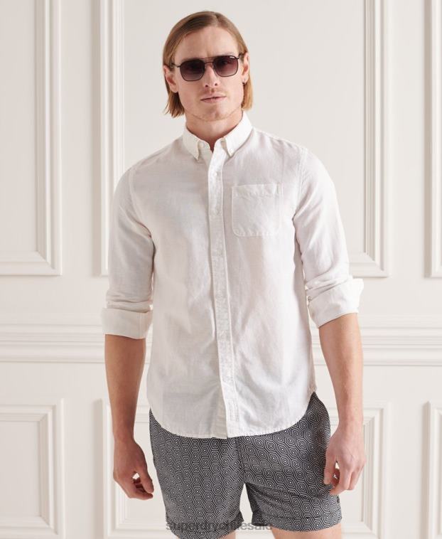 hombres Superdry blanco camisa de manga larga de lino y algodón 2R68Z6447