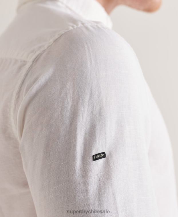 hombres Superdry blanco camisa de manga larga de lino y algodón 2R68Z6447