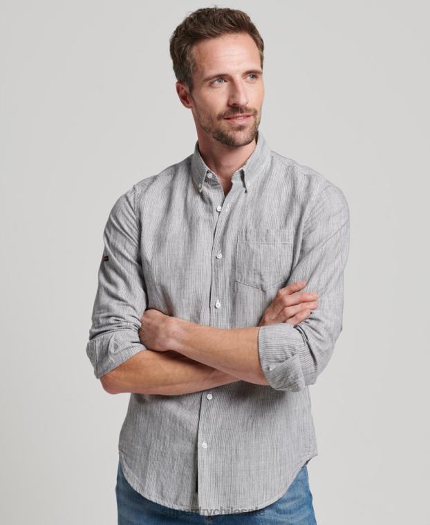 hombres Superdry gris claro camisa de lino con botones de algodón orgánico studios 2R68Z136