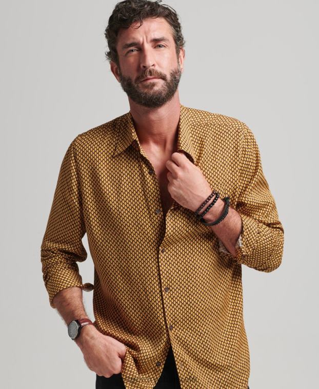 hombres Superdry naranja camisa de manga larga con estampado de los años 70 2R68Z149