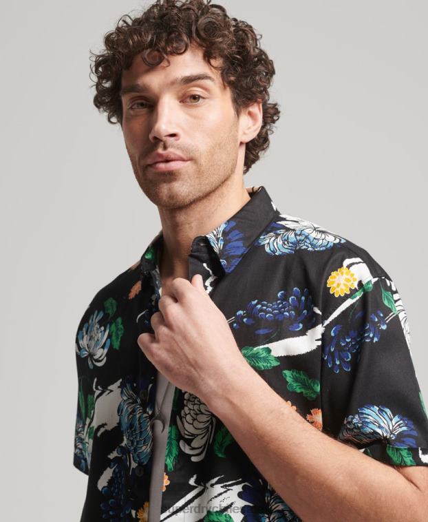 hombres Superdry negro camisa hawaiana de manga corta 2R68Z124