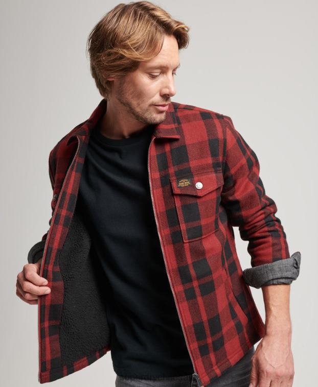 hombres Superdry rojo sobrecamisa a cuadros de lana con forro de borrego y cremallera 2R68Z153